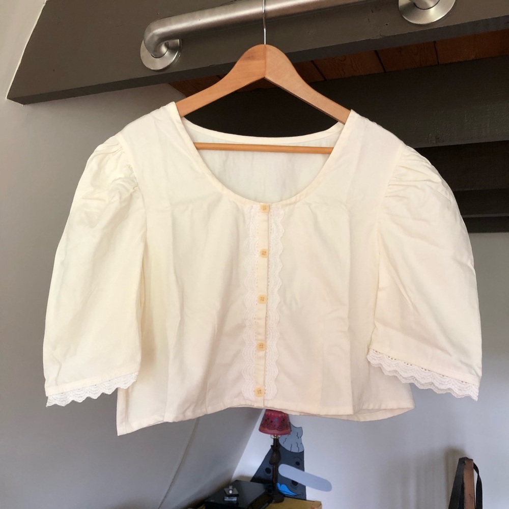 Handmade Puff-Sleeve Cotton and Lace Blouse